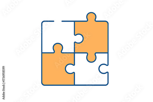 Corporate blue and orange puzzle icon with four matching pieces, vector illustration symbolizing business strategy, teamwork, problem solving, startup concepts, games and collaboration