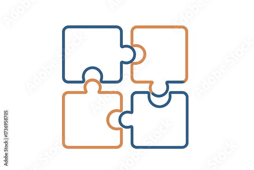 Corporate puzzle pieces vector illustration, trendy thin line blue and orange interconnected shapes symbolizing teamwork, business strategy, startup concepts, collaboration, and problem solving