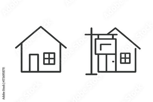 Simple linear house icon with real estate for sale sign, editable stroke, minimalistic linear pictogram for cards, apps, banners, posts, vector cartoon illustration