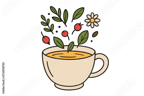 Unique hand-drawn illustration of a cup of herbal tea with falling herbs, berries, chamomile flower, natural ingredients, healthy beverage, wellness drink, organic tea concept vector