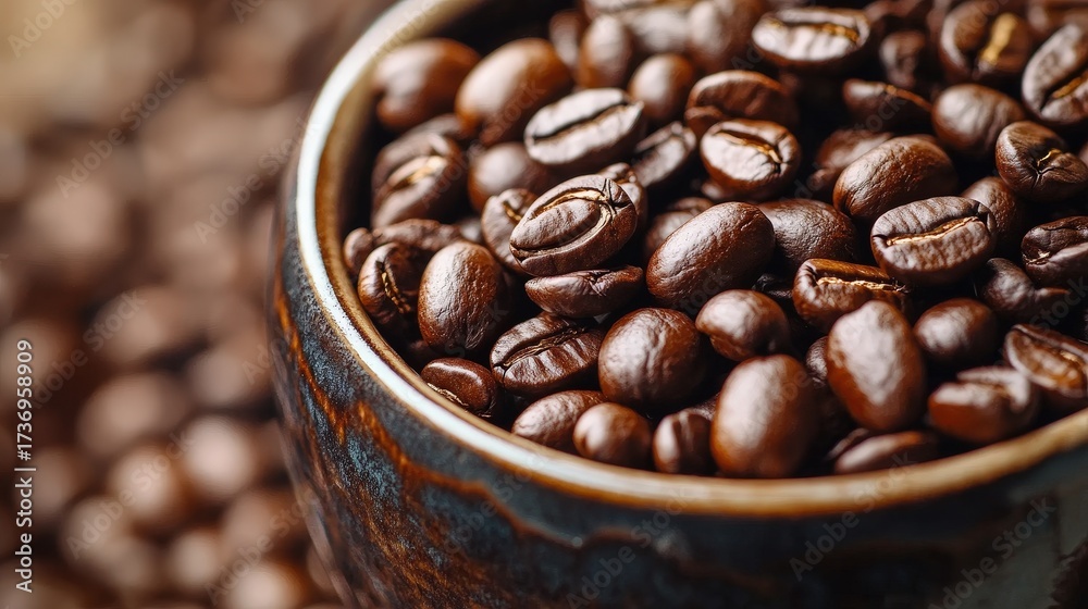 Fototapeta premium Close-up of coffee beans and a coffee cup, rich aroma.