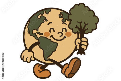 Vintage retro style happy Earth planet character walking with tree, smiling environmental mascot, 70s inspired eco-friendly greeting card design, Earth Day celebration concept