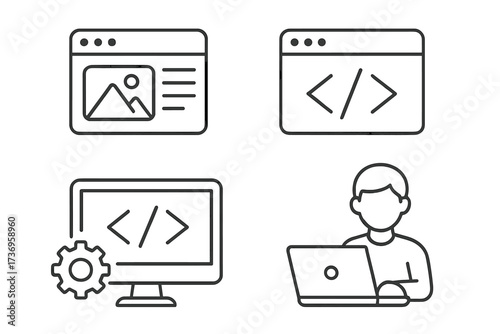 Web page design and programming icon set, editable stroke vector illustrations for infographics, articles, books, banners, flyers, website development, coding, software engineering concepts