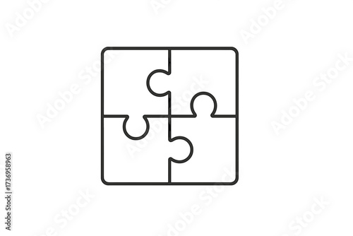 Thin line puzzle icon with four matching pieces. Vector graphic for business strategy, solution, teamwork, collaboration, connection, partnership and problem solving concepts.