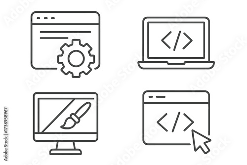 Web page design and programming outline icon collection, editable stroke vector set for infographics, articles, books, flyers, banners, technology and coding concepts illustration