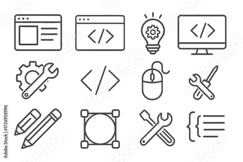 Web page design and programming icons collection, editable stroke vector set for infographics, articles, books, flyers, banners, website development tools and coding symbols