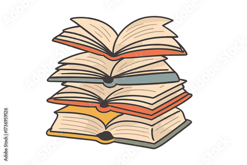 Stack of open books vector illustration with colorful covers, reading, literature, education concept, hand-drawn flat design, knowledge, learning, study, library, book lover asset
