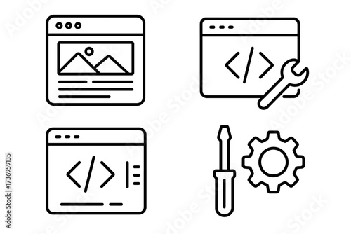 Web design & development line icon set. UI, UX, coding, programming vector symbols. Website building, app interface, maintenance, & settings concepts. Editable stroke icons.