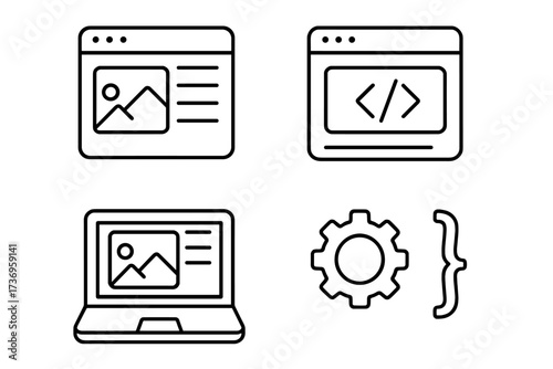Web design & development line icon set. Programming & coding concepts. Website page layout, UI UX, frontend, backend process. HTML tag, settings gear, browser window.
