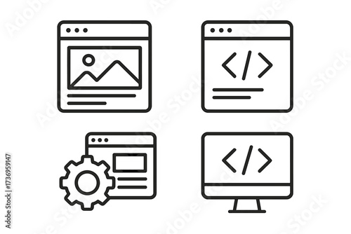 Web development icon set. Programming and coding symbols. Website UI UX design. Frontend backend concept. Digital technology signs. App development. Editable stroke vector pack.