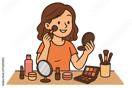 Woman applying makeup with cosmetic brush on cheek. Girl with beauty products. Daily morning routine, skincare concept. Female character, powder, mirror, lipstick, eyeshadow.