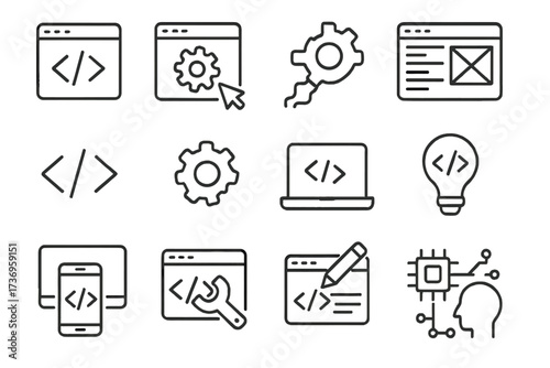 Web development line icon set. Programming, coding, and UI UX design concepts. Editable stroke vector icons for software, app development, website, and API interface design.