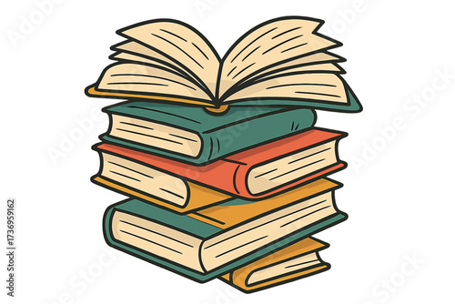 Stack of colorful open books illustration with quote "So many books, so little time" lettering, hand-drawn vector, reading, education, knowledge, literature concept