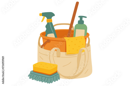 Eco-friendly home cleaning supplies with plastic bucket, mop, sponge, spray bottle, and hygiene products inside reusable shopping bag for spring cleaning concept, domestic cleaning essentials