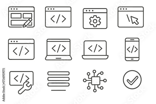 Web page design and programming line icon set with editable stroke, scalable vector illustration for infographics, articles, books, flyers, banners, UI design, digital development tools