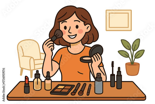 Woman applying makeup, using cosmetic products. Beauty morning routine concept. Girl with mirror and brush doing her make-up. Skincare and cosmetology. Cartoon vector illustration.
