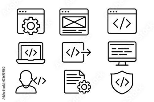 Web development icon set. Programming, coding, UI, UX, design. Software engineering concept. App development. Code security. Simple line icons. Editable stroke. Vector.