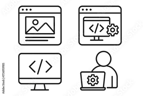 Web page design and programming icon set, editable stroke vector collection for website development, coding, UI UX design, software engineering, infographics, articles, banners