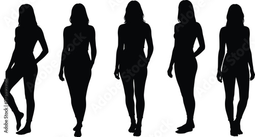 Silhouette of women posing, walking, standing, stylish female figure, fashion outline, beauty concept, graceful woman body posture, elegance, modern style