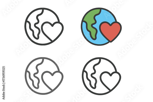 Earth planet with heart icon set in four styles, love environment symbol, globe and heart vector illustration, eco friendly concept, nature care, green earth design