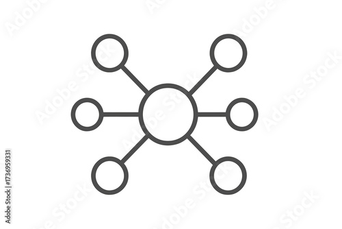 Vector linear stroke thin line icon of central circle connected to six outer circles, representing viral content, information spreading, word of mouth, network connection concept