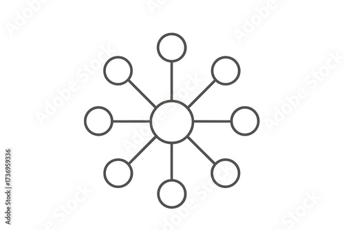 Viral network icon with central circle connected to outer circles, linear thin stroke vector illustration representing spreading information, word of mouth, virus, content marketing concept