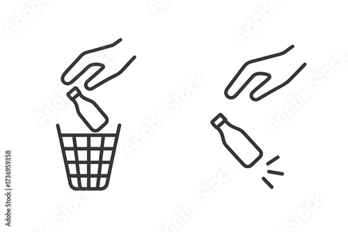 Thin line vector icon illustration of hand throwing plastic bottle into trash bin or on floor, recycling waste disposal concept, environmental protection symbol, linear design