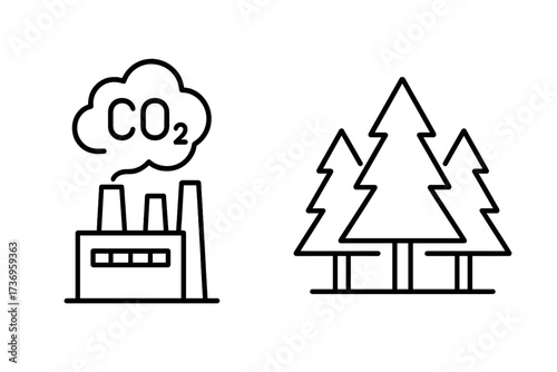 Concept of CO2 emissions from factory and carbon offsetting by forest trees, environmental impact, pollution reduction, climate change, eco-friendly vector illustration