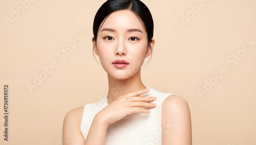 깔끔한 베이지 배경 앞에서 단정한 포즈로 서 있는 여성 뷰티모델