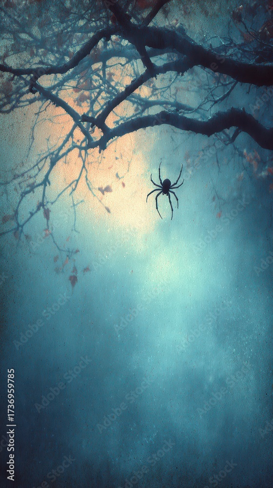 Obraz premium Spider hanging from a branch in foggy forest