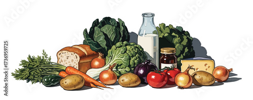 Colorful watercolor illustration of fresh vegetables and herbs including carrots, peppers, tomatoes, and leafy greens. isolated on white background