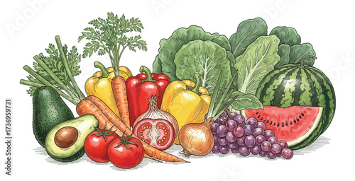 Colorful watercolor illustration of fresh vegetables and herbs including carrots, peppers, tomatoes, and leafy greens. isolated on white background