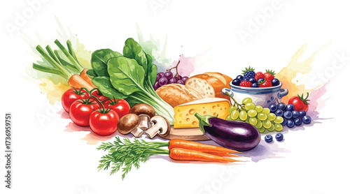 Colorful watercolor illustration of fresh vegetables and herbs including carrots, peppers, tomatoes, and leafy greens. isolated on white background