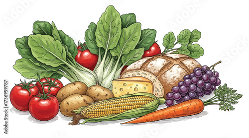 Colorful watercolor illustration of fresh vegetables and herbs including carrots, peppers, tomatoes, and leafy greens. isolated on white background