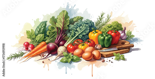 Colorful watercolor illustration of fresh vegetables and herbs including carrots, peppers, tomatoes, and leafy greens. isolated on white background