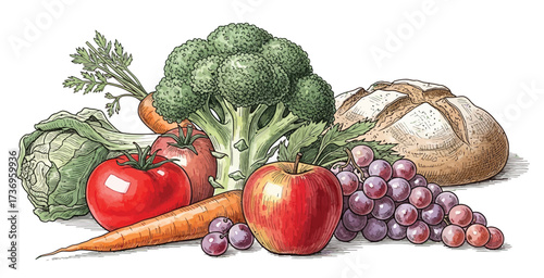 Colorful watercolor illustration of fresh vegetables and herbs including carrots, peppers, tomatoes, and leafy greens. isolated on white background