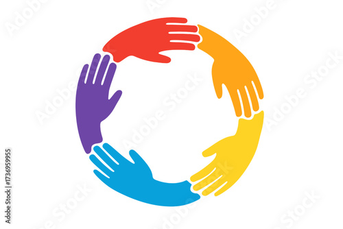Colorful hands in a circle. Vector icon for teamwork, community, unity, and partnership. Logo for diversity, volunteering, social projects, and charity. Togetherness symbol.