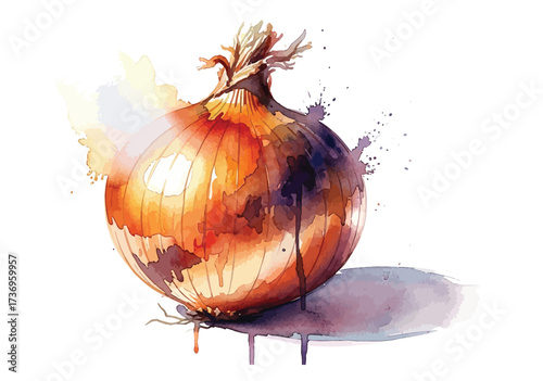 Watercolor illustration of a fresh onion with colorful paint splashes, textured layers, vibrant tones, and artistic background. isolated on white background
