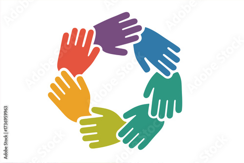 Circle of colorful hands for partnership, teamwork, unity, and community. Vector icon for diversity, culture, social connection, education, volunteering, and charity work.