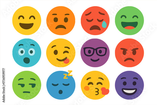 Colorful emoji faces collection. Set of expressive circular emoticon icons in flat style. Vector cartoon illustration with different emotions, feelings, and moods like happy, sad, angry.