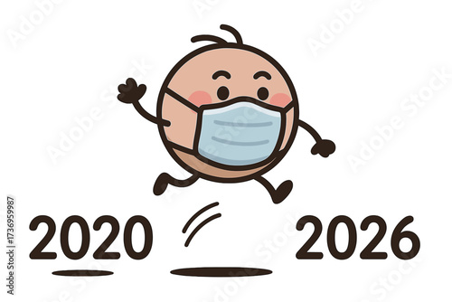 Concept of leaving the pandemic behind. Character with face mask jumps from 2020 to 2026. Goodbye covid-19 era, hello future. Metaphor for progress, hope and a new year.