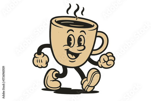 Vintage cartoon walking coffee cup mascot with groovy text "But first, coffee" retro paper mug character in 80s contour style hand-drawn vector illustration for promo banner