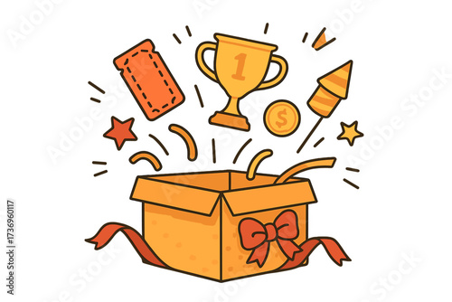 Enter to win contest. Giveaway prize box with trophy, ticket, and money coin. Vector illustration for marketing promotion, social media announcement, and lucky draw graphic.