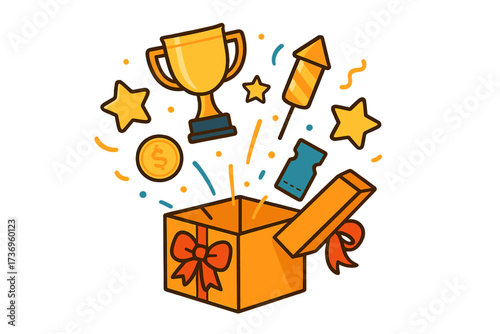 Enter to win illustration. Giveaway prize box opening. Contest winner announcement. Gift box with trophy, money coin and ticket. Marketing promotion for social media. Vector.