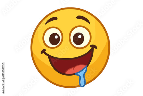 Hungry emoticon salivating from its mouth. Vector emoji smiley icon drooling for delicious food. Yummy cartoon face with saliva. Craving and appetite concept illustration.