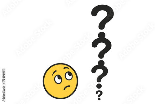 Thinking emoticon with question marks. Vector concept for curiosity, doubt, uncertainty, problem solving. Confused emoji face for FAQ, support, query, finding solution, help.