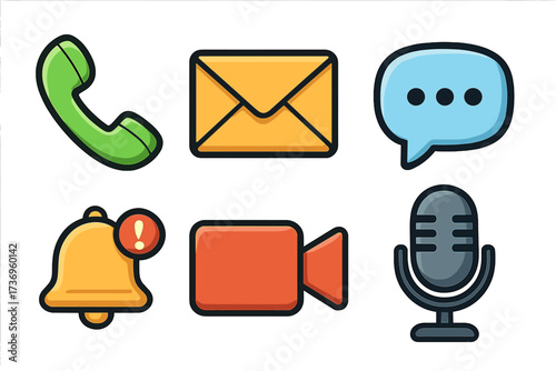 Essential communication icons set with phone, email, chat, and notification symbols. Vector cartoon illustration of video call, audio microphone for web and mobile apps.