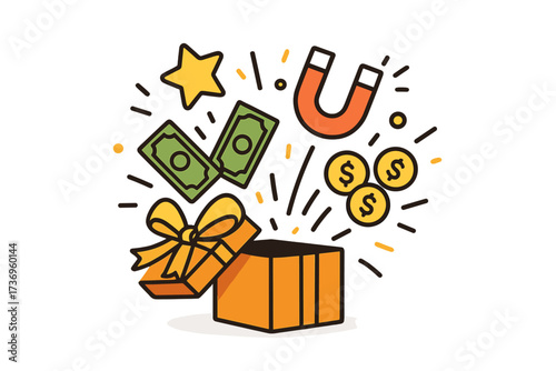 Enter to win contest concept. Open gift box with money, prizes, and magnet. Vector illustration for promotion, marketing, and customer attraction. Giveaway and loyalty reward.