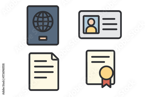 Document icon set with passport, ID card, certificate, and profile symbols. Vector concepts for personal identity, verification, legal paperwork, citizenship, and travel documents.