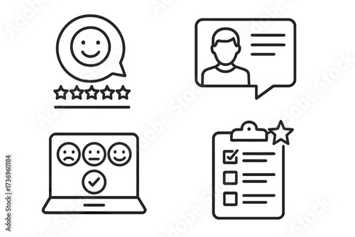 Feedback and review thin line icon set. Customer satisfaction, online survey, testimonial, evaluation, and user experience rating concepts. Quality test and client opinion.